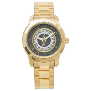 gold piano circle music note bracelet watch