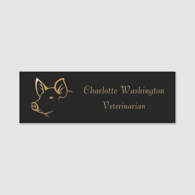 Gold Pig Head Veterinarian Name Tag (Front)