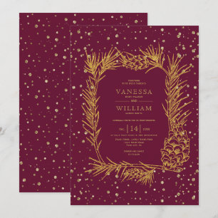 Gold pine and confetti burgundy winter wedding invitation