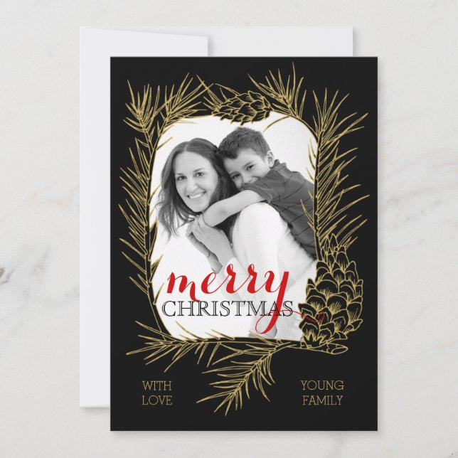 Gold pine branch and cone frame Merry Christmas Holiday Card (Front)