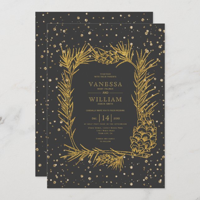 Gold pine, confetti charcoal grey winter wedding invitation (Front/Back)