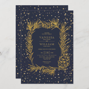 Gold pine, confetti midnight blue winter wedding invitation