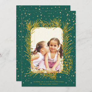 Gold pine frame, evergeen green Christmas photo Holiday Card