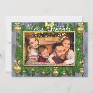 Gold Pine Frame on Planks Christmas Photo Holiday Card