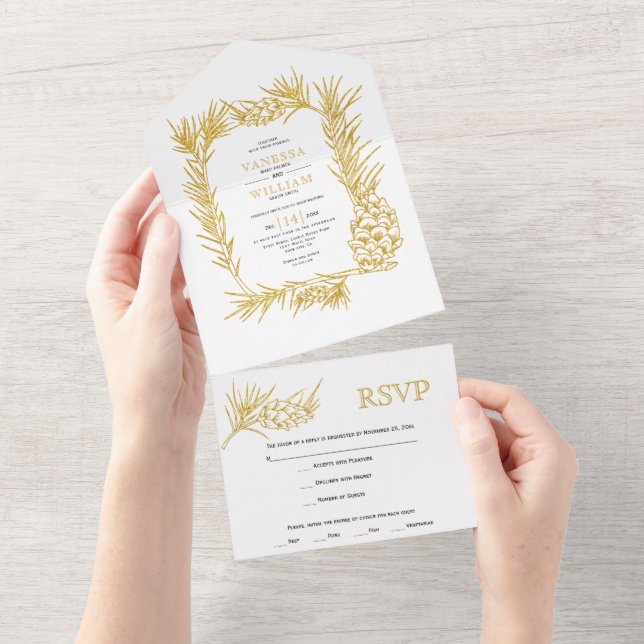 Gold pine frame with cone winter Christmas wedding All In One Invitation (Tearaway)