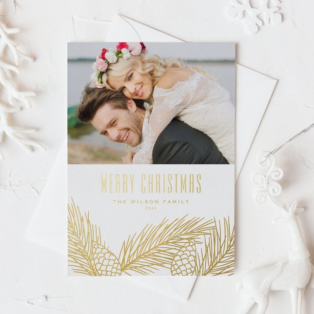 Gold Pine Needles and Cones Photo Merry Christmas Foil Holiday Card (Botanical Pine Needles and Pine Cones Photo Merry Christmas Foil Holiday Card)