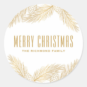 Gold Pine Needles and Pinecones Merry Christmas Classic Round Sticker