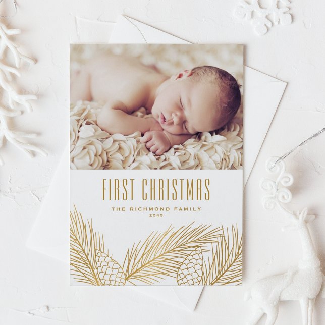 Gold Pine Needles Baby First Christmas Photo Holiday Card (Creator Uploaded)