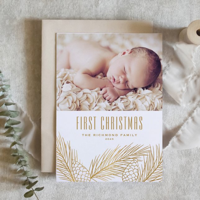 Gold Pine Needles Baby First Christmas Photo Holiday Card (Creator Uploaded)