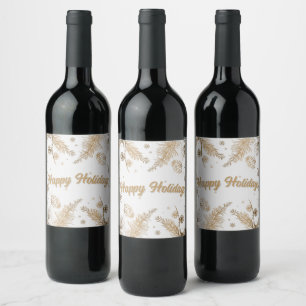 Gold Pine Tree Branch Pinecone Christmas Wine Label