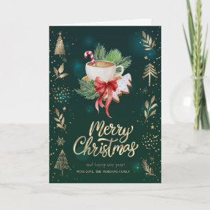 Gold Pine Tree Branches Coffee Red Bow Green Holiday Card