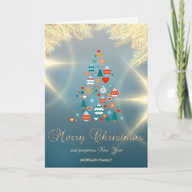 Gold Pine Tree Branches Colourful Balls Holiday Card (Front)