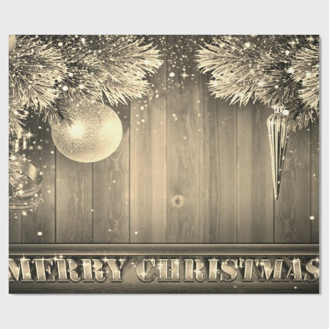 Gold Pine Tree Branches,Ornaments,Wood Holiday Wrapping Paper (Flat)