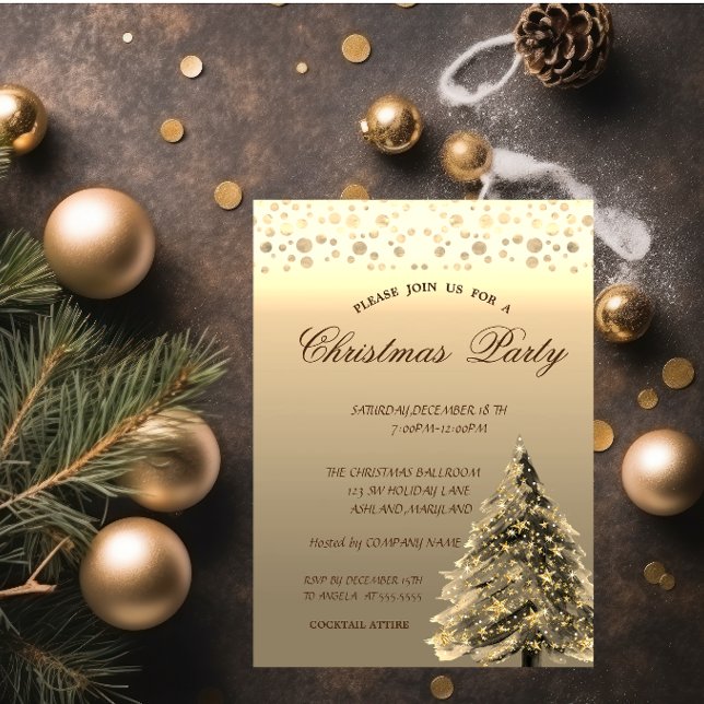 Gold Pine Tree,Dots  Corporate Christmas Party Invitation (Creator Uploaded)