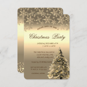 Gold Pine Tree,Dots Snowflakes Christmas Party Invitation