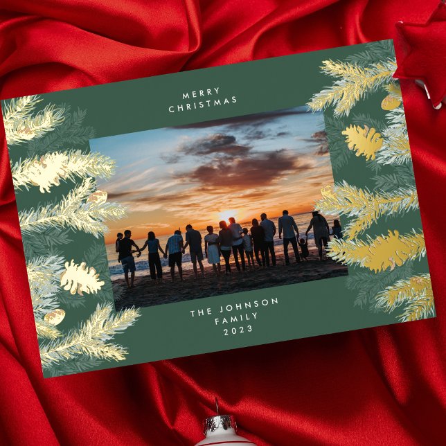 Gold Pine Tree Merry Christmas Emerald Photo Foil Holiday Card (Creator Uploaded)