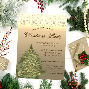 Gold Pine Tree,Stars,Dots  Christmas Party Invitation