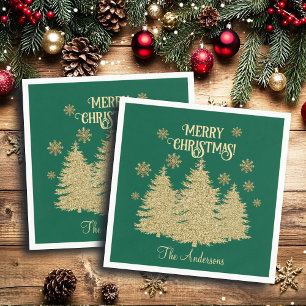 Gold Pine Trees Gold Snowflakes Napkin