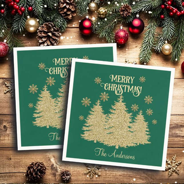 Gold Pine Trees Gold Snowflakes Napkin (Creator Uploaded)