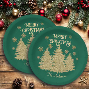 Gold Pine Trees Gold Snowflakes Paper Plate