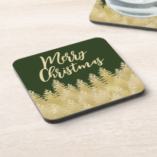 Gold Pine Trees Merry Christmas Coaster