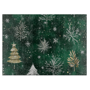 Gold Pine trees Silver Snowflakes Hunter Green Cutting Board