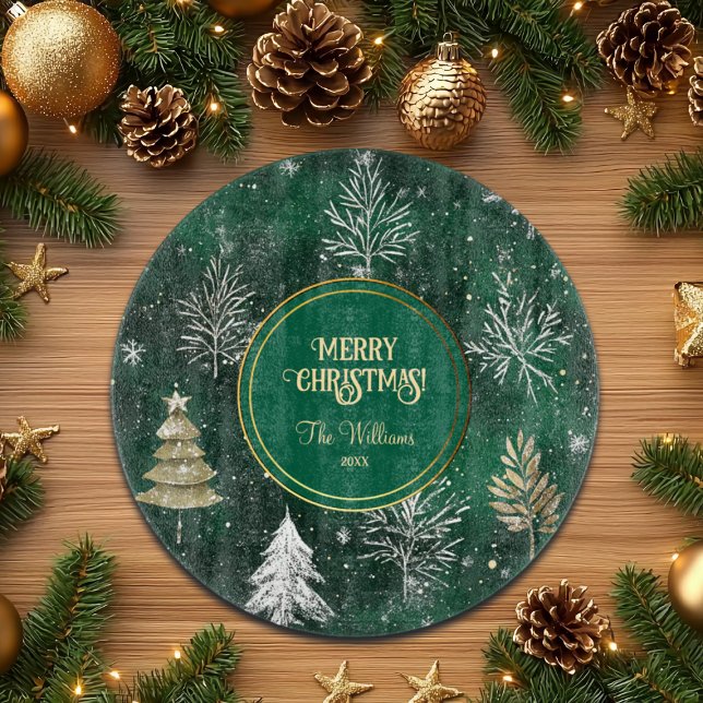 Gold Pine trees Silver Snowflakes Hunter Green Cutting Board (Creator Uploaded)