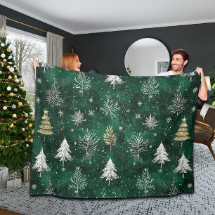 Gold Pine trees Silver Snowflakes Hunter Green Fleece Blanket