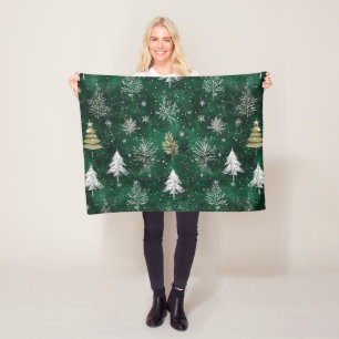 Gold Pine trees Silver Snowflakes Hunter Green Fleece Blanket