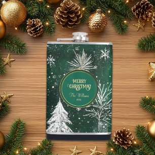 Gold Pine trees Silver Snowflakes Hunter Green Hip Flask