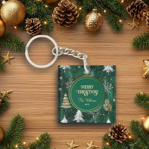 Gold Pine trees Silver Snowflakes Hunter Green Key Ring
