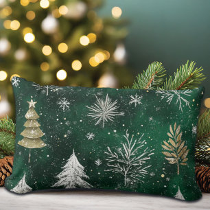 Gold Pine trees Silver Snowflakes Hunter Green Lumbar Cushion