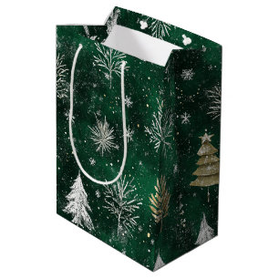 Gold Pine trees Silver Snowflakes Hunter Green Medium Gift Bag