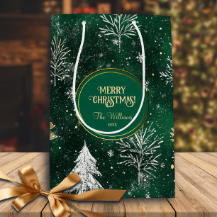 Gold Pine trees Silver Snowflakes Hunter Green Medium Gift Bag