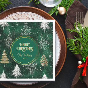 Gold Pine trees Silver Snowflakes Hunter Green Napkin