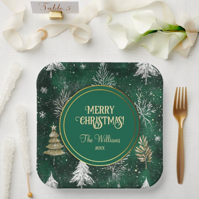 Gold Pine trees Silver Snowflakes Hunter Green Paper Plate (Wedding)