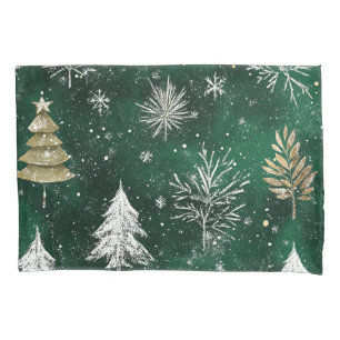 Gold Pine trees Silver Snowflakes Hunter Green Pillowcase