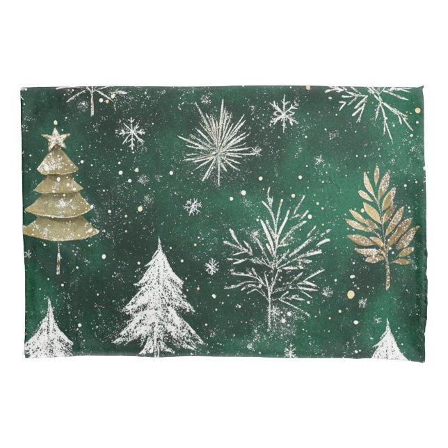 Gold Pine trees Silver Snowflakes Hunter Green Pillowcase (Front)