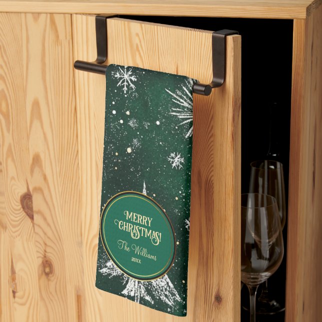 Gold Pine trees Silver Snowflakes Hunter Green Tea Towel (Thirds Fold)