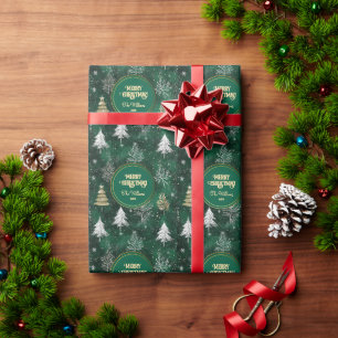 Gold Pine trees Silver Snowflakes Hunter Green Wrapping Paper
