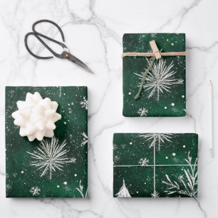 Gold Pine trees Silver Snowflakes Hunter Green Wrapping Paper Sheet
