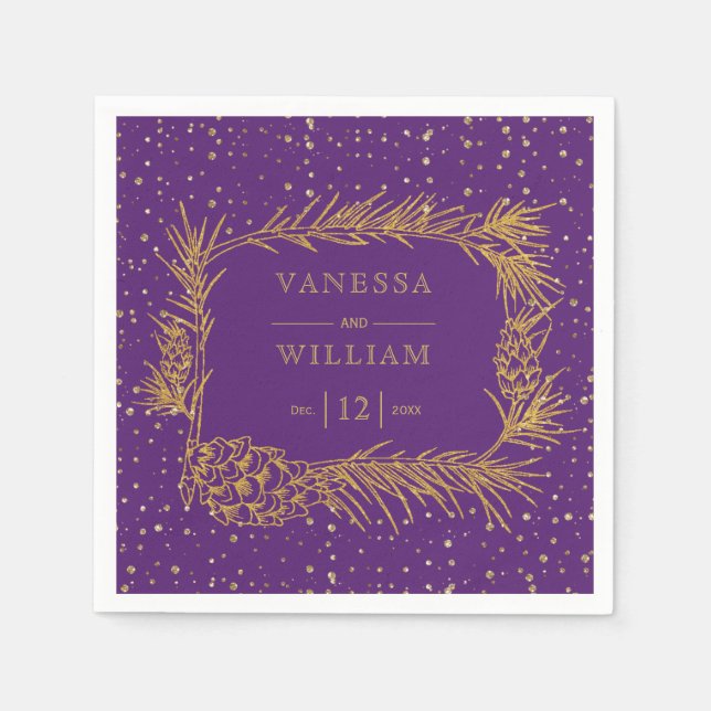 Gold pine with cones Christmas purple wedding Napkin (Front)