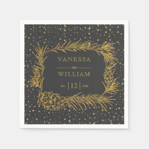 Gold pine with cones grey Christmas wedding Napkin