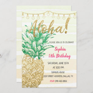 Gold Pineapple Aloha Birthday Invitation