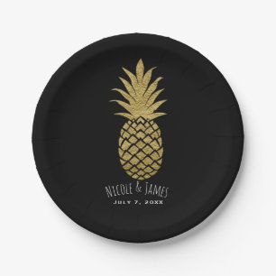 Gold Pineapple Black Modern Chic Tropical Party Paper Plate