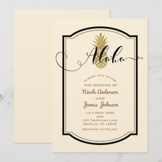 Gold Pineapple & Black Rustic Pineapple Tropical Invitation (Front/Back)