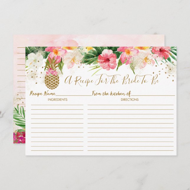 Gold Pineapple Floral Tropical Bridal Recipe Cards (Front/Back)