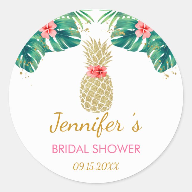 Gold Pineapple Glitter Pink Floral Bridal Shower Classic Round Sticker (Front)