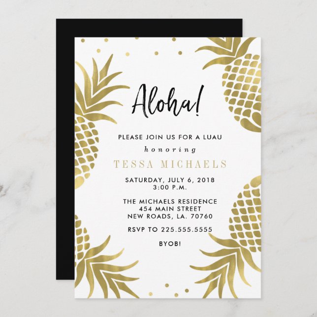 Gold Pineapple Luau Party Invitations (Front/Back)