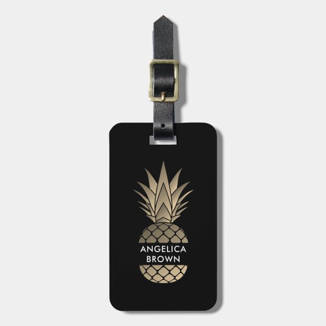 Gold Pineapple Luggage Tag w/ leather strap (Front Vertical)